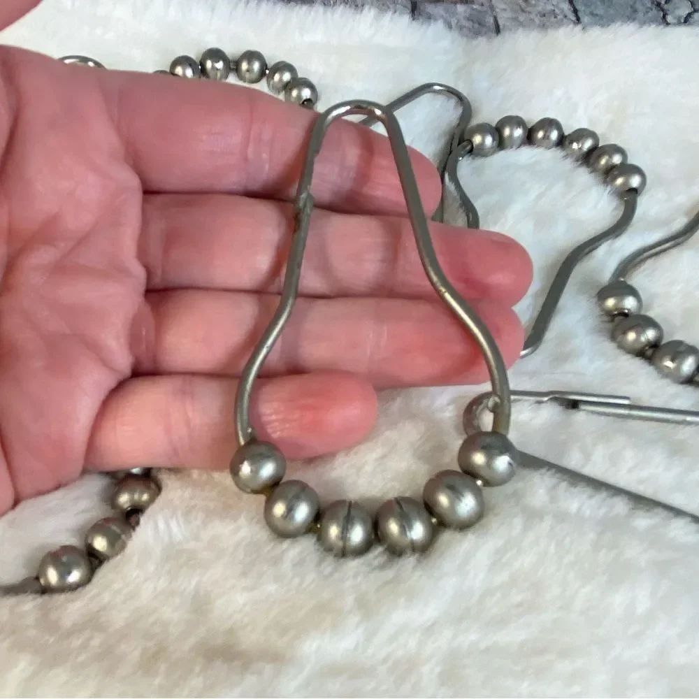 Shower Curtain Rings 12 Piece Set Stainless Steel Hooks Silver Beaded Hooks